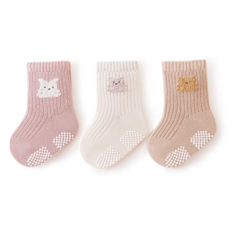 3 Pairs/lot 2023 Autumn Winter Children Non-Skid Embroidery Cartoon Socks Baby Boys Girls 0-5Y Pure Cotton Solid Gripper Socks - Krimiboutique