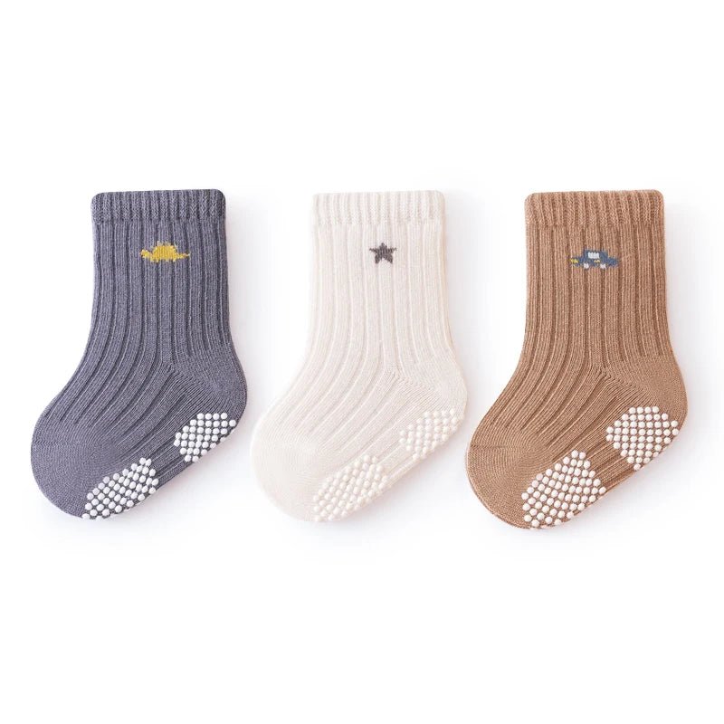 3 Pairs/lot 2023 Autumn Winter Children Non-Skid Embroidery Cartoon Socks Baby Boys Girls 0-5Y Pure Cotton Solid Gripper Socks - Krimiboutique